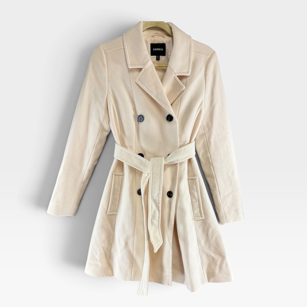 Express Womens Cream Wool Blend Double Breasted Belted Trench Coat Small RN55285